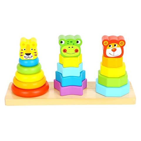 Woody Treasures Wooden Stacking Toys for 1 2 3 Year Olds - Baby Stacking Rings with Lion, Dog & Frog Head - Cognitive & Fine Motor Skills Development - Classic Stacker for Boys & Girls Cover