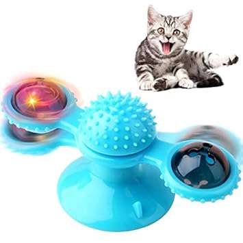 HARIGYAN Rotate Windmill Cat Toy Toothbrush Chew Toys Turntable Cat Molar Toy Scratching Tickle Toy with Catnip LED Light Ball Toys with Suction Cup Kitten Toys Pet Tooth Cleaning Scratching Ball
