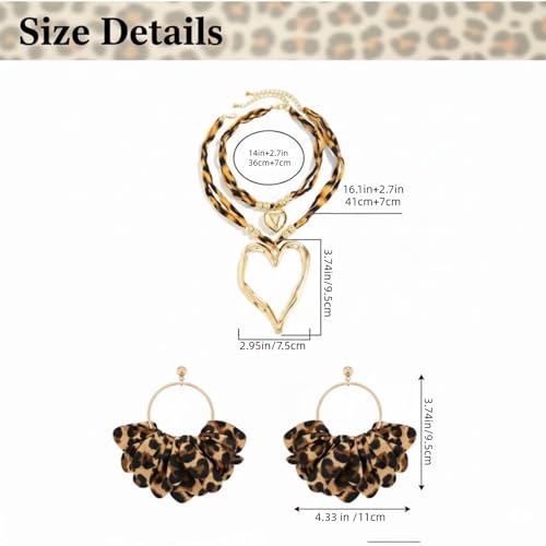 SZXZYLL 2Pcs Leopard Print Jewelry Set for Women, Statement Flower Drop Earrings and Layered Heart Pendant Necklace, Boho Animal Pattern Jewelry Accessories for Party Beach by SZXZYLL - Used condition - Image 2