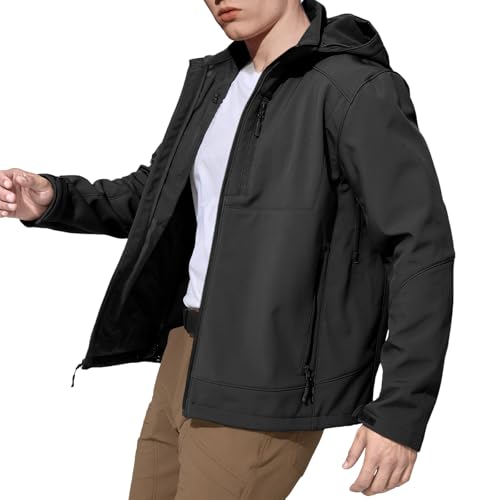 Image of Men's Military Tactical SoftShell Jacket Fleece Lined | Lightweight,Waterproof,Windproof,Multi-pockets,Adjustable Hood for Work,Hiking,Snow,Ski