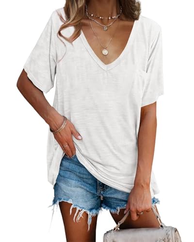 imesrun Womens V Neck Tshirts Short Sleeve Loose Casual Summer Tops with Pocket