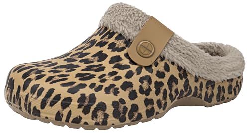ChayChax Damen Clogs Gefüttert Herren Winter Hausschuhe Wasserdicht Warme Pantoffeln Plüsch Pantoletten Rutschfeste Outdoor Winterschuhe, Leopard, 42/43 EU