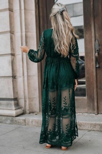 Image of LRISES Womens V Neck Floral Embroidered Lace Wedding Maxi Dress Boho Short Sleeve Slit Bridesmaid Evening Party Dresses