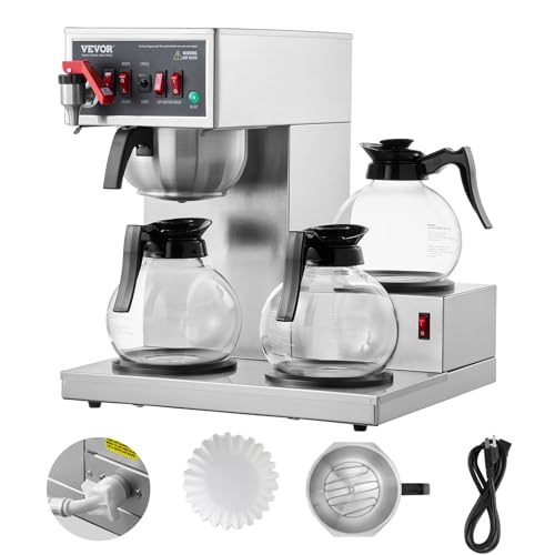 Comparison: Best Automatic Pour Over Coffee Maker Commercial 10 VEVOR 12 Cups Commercial Drip Coffee Maker, Coffee Maker Machine with 3 Glass Carafes and 3 Warmer Plates, Stainless Steel Pour Over Coffee Brewer with Auto Water Intake, for Restaurant Office Cafe