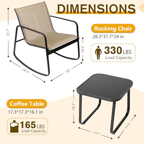 Oakmont 3 Piece Patio Rocking Chairs Set, Outdoor Conversation Set Modern Bistro Set Textilene Balcony Chair Sets with Coffee Table for Yard and Bistro (Brown)