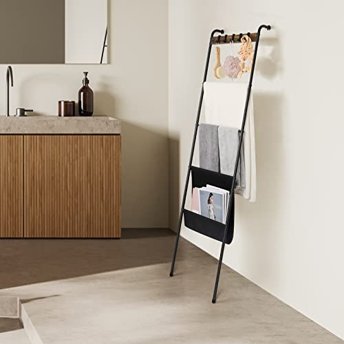 Blanket Ladder Decorative Ladder Holder With 5 Hooks And Pocket 5 Tier Farmhouse Metal Wall Leaning Towel Rack Stand For Bathroom Living Room Laundry Room, Black #TOP2