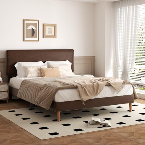 Sismplly Queen Size Upholstered Bed Frame with Adjustable Headboard, Faux Leather Platform Bed with Wood Slats, Lychee Grain Leather, No Box Spring Needed, Easy Assembly, Noise Free, Dark Brown