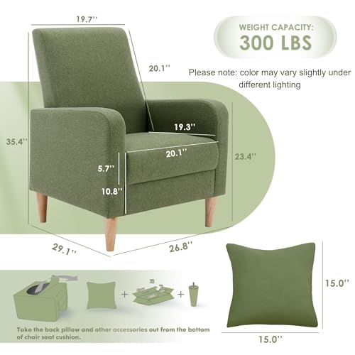Image of COLAMY Modern Upholstered Accent Chair Armchair with Pillow, Fabric Reading Living Room Side Chair,Single Sofa with Lounge Seat and Wood Legs, Green