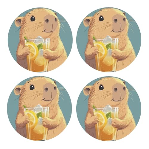 BoltPack Bonito posavasos redondo con diseño de Capybara con base de corcho, juego de 4 posavasos, tapete de protección de mesa para tazas y tazas