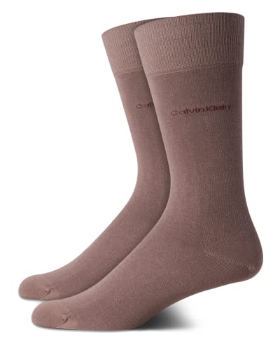 Calvin Klein Mens Dress Socks - 2 Pairs Egyptian Cotton Blend Comfort Stay Up Cuff Crew Socks for Men (7-12), Size 7-12, Smoke Brown