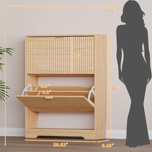 Image of BORNOON Shoe Cabinet with 2 Flip Drawers, Fluted Shoe Storage Cabinet with Adjustable Shelves, Freestanding Rack and Organizer for Entryway, Hallway