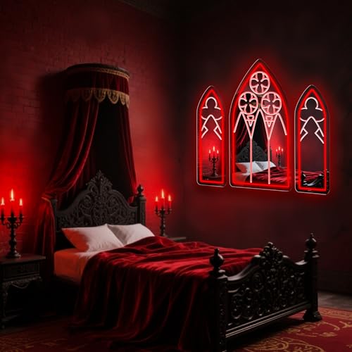 Image of DUOLIYBC Gothic Neon Sign, Medieval Goth Mirror Set, Window Mirror Neon Signs for Wall Decor, Gothic Cathedral Decor, Witch Mirrors 16″ x 9.4″