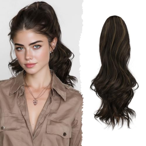 Sofeiyan Claw Clip Ponytail Extension 16 inch Curly Wavy Clip in Hairpiece Synthetic Fluffy Fake Pony Tail Clip on Hair Extensions for Women Daily Use - Dark Brown with Strawberry Blonde Highlights