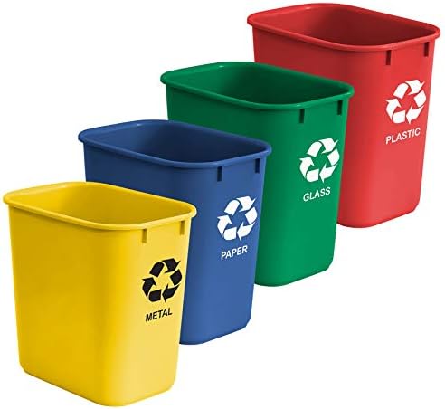Acrimet Wastebasket Bin for Recycling 27QT (Made of Plastic) (Metal/ Yellow, Paper/ Blue, Glass/ Green, Plastic/ Red) (Set of 4)