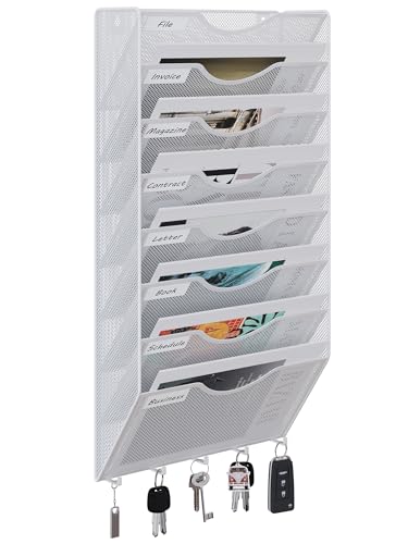 EasyPAG 8 Fächer Metall A4 Zeitschriften Wandhalter Zeitschriftenhalter Wand Aktenablage Dokumentenhalter Magazin Wandhalterung Post Organizer Prospektspender Flyerhalter Hängend mit 5 Haken,Weiß
