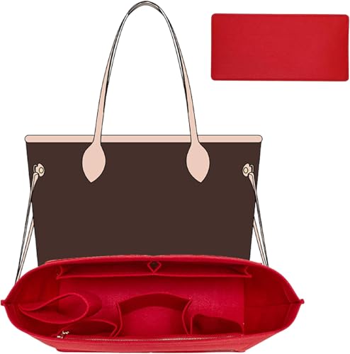 OAikor Purse Organizer Insert, Felt Zipper Bag Organizer with Base Shaper, Handbag Tote Dividers for Inside Purse Accessories, Compatible with Neverfull PM and More,Red/M