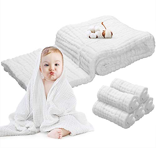 Image of Baby Muslin Towels Washcloths Set - 5 Washcloths + Baby Blanket Bath Towel of 6 Layers 100% Cotton Gauze Super Soft Absorbent for Newborn Infant