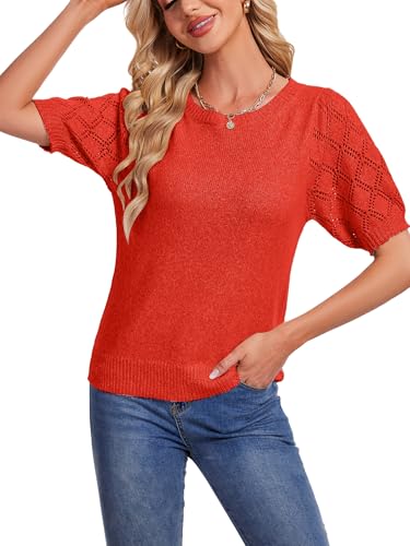Image of Women's Short Sleeve Tops Soft Puff Sleeve Knit Top Summer Sweaters Dressy Casual