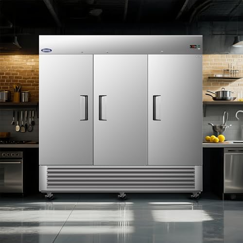 Image of 81 inchW Commercial Refrigerator,72 Cu.ft Commercial Refrigerator with 3 Solid Door Reach-In Freezers Stainless Steel,ETL Upright Freeze Storage w / 9 Adjustable Shelves,LED Light,for Bar,Shop,Silver