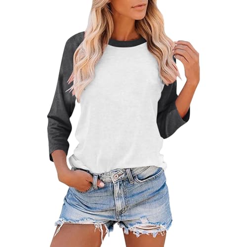 Image of 3/4 Sleeve T-Shirts for Women UK Fashion Colour Block Raglan Sleeves Baseball Tee Shirts Spring Summer Fall Tops Casual Loose-fit Crew Neck Tshirt Blouses Sale Order Fashion Womens Dark Gray
