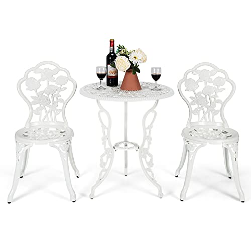 GOPLUS 3 Pcs Salon de Jardin 2 Personnes en Fonte Aluminium, 2 Chaises et 1 Table Ronde, Ensemble Salon de Jardin en Métal pour Terasse, Blanc