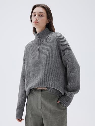 Image of SUUKSESS Women Cashmere Blend Oversized Quarter Zip Pullover Sweater Long Sleeve Collared Ribbed Knit Jumper Tops