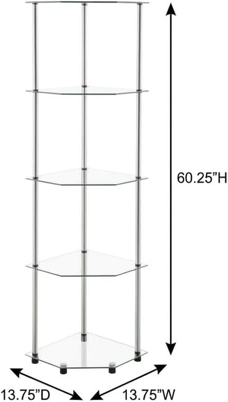Furnifact Gray 5 Tier Corner Tower, Tempered Glass Shelving, Rust-Resistant Stainless Steel Frame, Easy Tool-Free Assembly, Modern Display