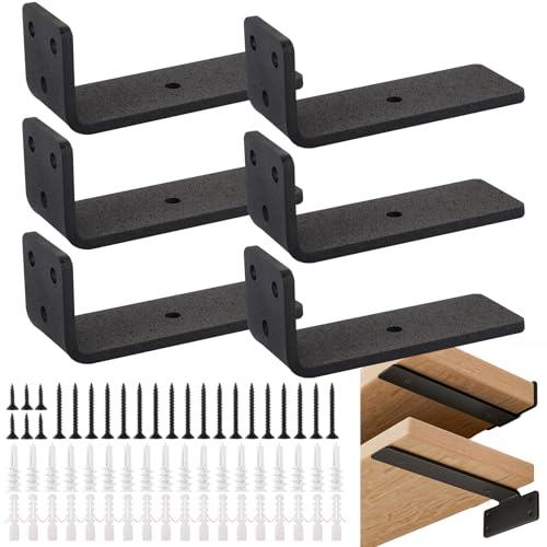 MUXHEL 6PCS Shelf Brackets Heavy Duty, Wall Mounted Floating Shelf Brackets 4 Inch/10cm, Hidden Shelf Brackets Black Floating Invisible L Shelves Brackets for Shelves Support