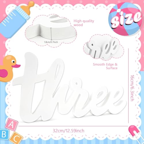 Image of 3rd Year Birthday Three Sign Wooden Table Centerpiece for Third Birthday DIY Party Decorations Photo Booth Prop White Letter 32 x 16 cm