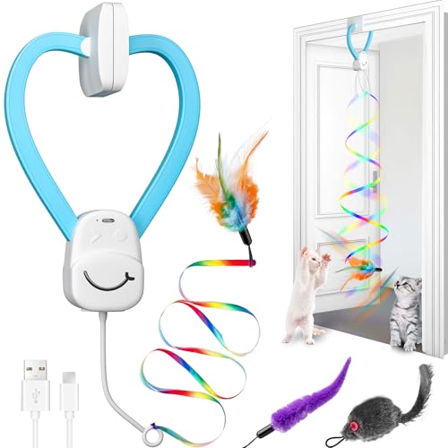 PANRIO Smart Automatic Door Hanging Cat Toy for Indoor Cats - Electric Interactive Feather Wand Mouse & Worm Set 360 Rotating Type-C Rechargeable Quiet Self Play Enrichment for Bored Kittens