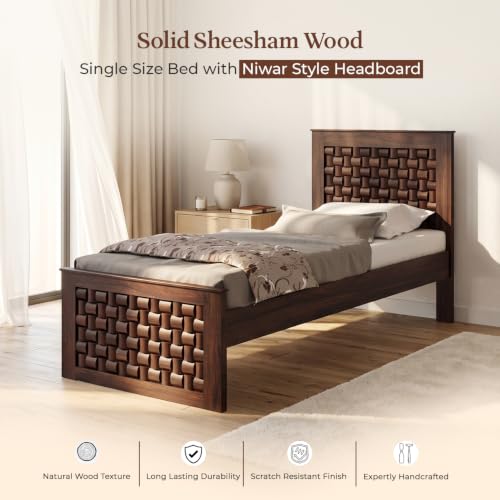 Image of WOODLAB Furniture Sheesham Wood Single Size Bed Without Storage and with Niwar Style Headboard | Wooden Single Cot Bed Palang for Home Living Room Bedroom and Hotel (Walnut Finish)