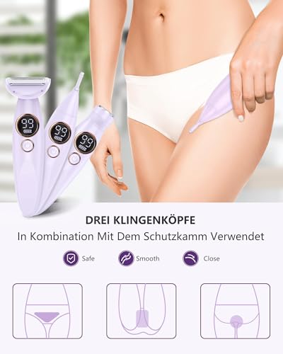 Rasierer Damen,3-In-1 Intimrasierer für Frauen,Gesichtshaarentferner für Frauen,Damenrasierer Elektrisch Nass-Trockenrasierer Ipx7 Wasserdicht Trimmer Damen,für Bikinizone Achseln Beine,USB-Aufladung