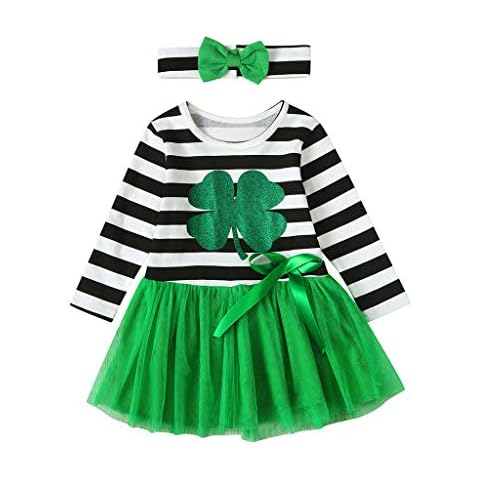 Baby Girl St.Patrick's Day Costume Set 2Pcs Toddler Kids Striped Tulle Princess Dresses Headband Clothes Outfits for Infants Long Sleeve Irish Patchwork Suspender Skirt Dress 0-4 Years Green Cover