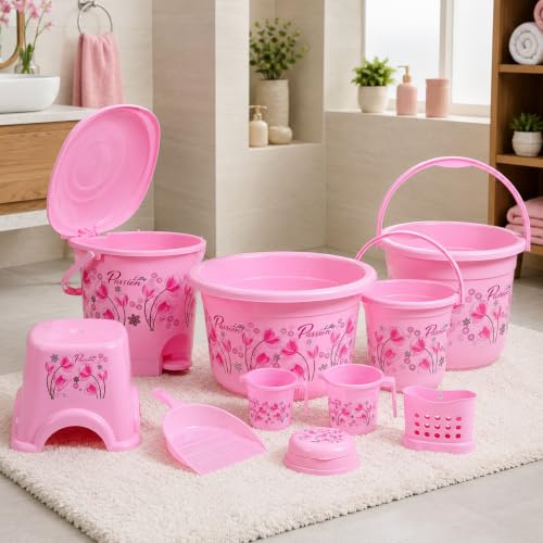 Image of Heavy Duty Virgin Plastic Large Capacity 16 L Bucket, 5 L Bucket, Patla, Deep Tub, Dustbin, 1.5 L Mug, 1 L Mug, Soap Case, Dustpan, Tooth Brush Stand Bathroom Set (Pink, King)