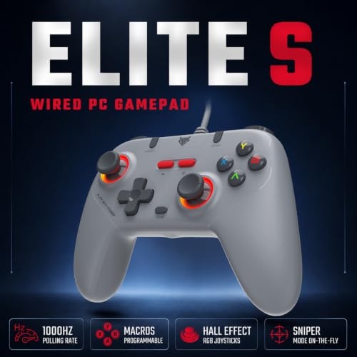 Image of EvoFox Elite S Gaming Controller for PC, 1000Hz Polling Rate, Hall Effect Joysticks, Programmable Macro Buttons, Sniper Mode, Turbo & Auto Turbo Mode, Dual Vibration, RGB Lighting, 1.8m Cable, Grey