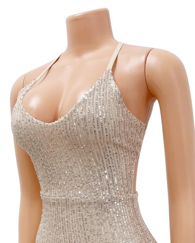 Image of BOLLEY JOSS Women's Sequins Midi Dress Sexy Back Slit Spaghetti Strap Bodycon Long Dress Summer Sparkly Party Dresses