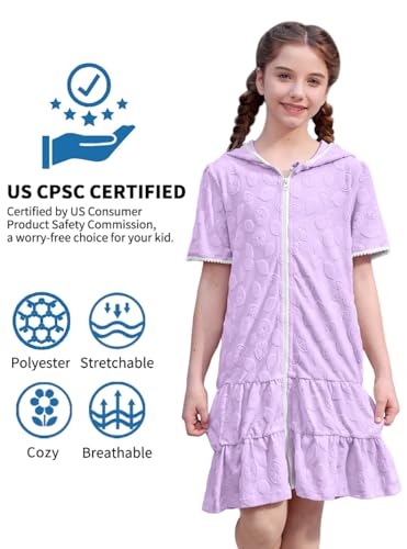 Image of BesserBay Girls Summer Beach Quick Dry Cover Up Ruffle Hem Terry Smocked Hooded 4-14 Years with Pockets