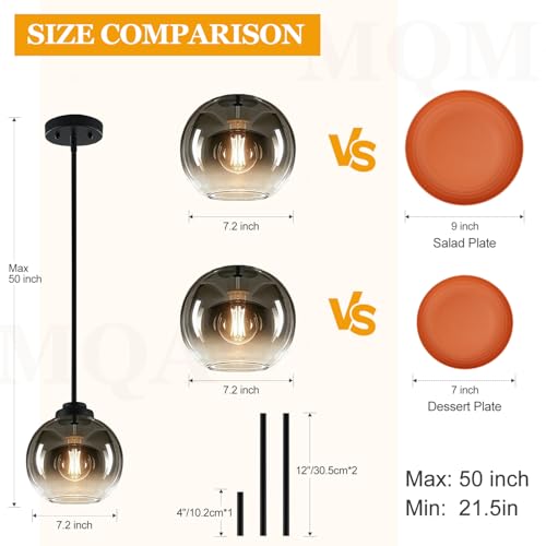 Image of MQMQA 2 Pack Globe Pendant Lights, Mid Century Pendant Light Fixtures, Globe Pendant Lights Kitchen Island with Gray Glass Shade Adjustable Hanging Fixture for Dining Room (Bulbs not Included)