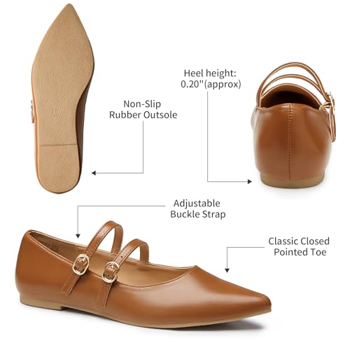 Image of Trary Flats for Women Mary Jane Shoes Women Closed Pointed Toe Ballet Flats Comfortable Slip on Dressy Adjustable Strap Cute Walking Office PU Leather Mary Janes Flat Shoes