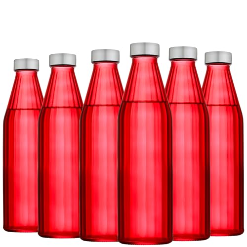 Image of SAND DUNE RedColour Glass water bottle, 800 ml Each, Set of 6, with Leak-Proof Airtight Stainless-Steel Lid for Water, Smoothie, Juices - Reusable Travel Glass Drinking Fridge Bottles