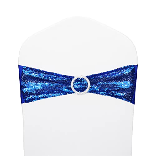 LIZIMI 50 Pcs Chair Sashes Sequin Stretch Chair Bands Spandex Polyester Bows for Party Hotel Wedding Banquets Decoration - Royal Blue