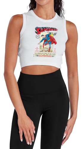 Popfunk Superman Old School Flight Women's Sleeveless Crop Top Tank, White, Small