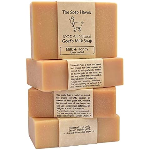 4 Goat Milk Soap Bars with Honey - Handmade in USA. All Natural Soap - Unscented, Fragrance Free, Fresh Goats Milk. Wonderful for Sensitive Skin and Babies. SLS, Paraben, GMO-Free. Cover