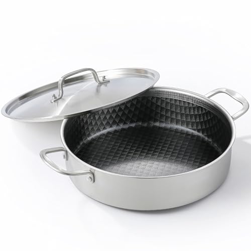 Image of DELARLO 7Quart Tri-Ply Stainless Steel Non Stick Braiser Pan with Lid,Deep Frying Pan,Large Induction Skillet,Jumbo Cooker,Heavy Duty and Oven Safe.Large Saute Pan,Dishwasher and Oven Safe to 550℉