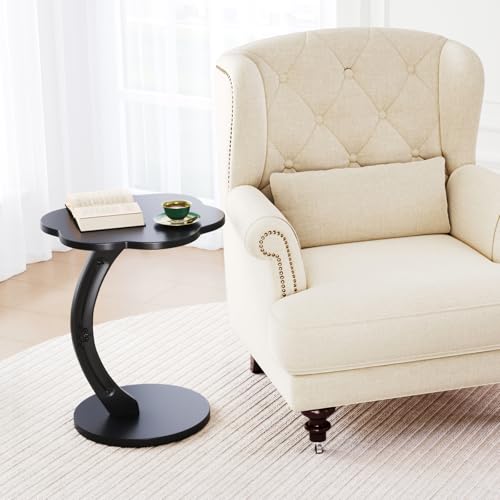 Image of Uniclinens C-Shaped Solid Wood Round End Table - Side Table for Couch, Sofa Tables Slide Under Couch for Living Room, Small Nightstand for Small Space, Black