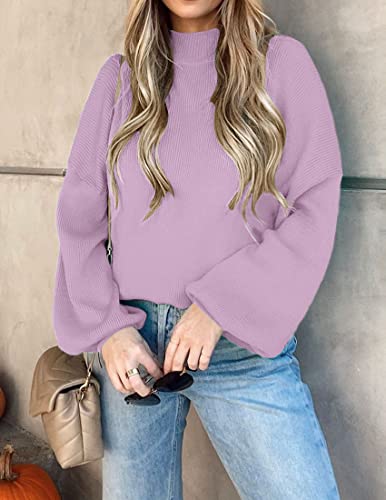Zesica Women's 2023 Casual Turtleneck Long Lantern Sleeve Oversized Ribbed Knit Pullover Sweater Jumper Top,Purple,Medium #TOP1