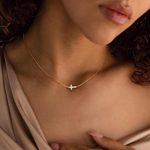 Cross Necklace for Women, Dainty Gold Necklace 14K Gold Plated Cute Small Cross Choker Necklaces for Women Trendy Simple Charm Gold Pendnat Fashion Womens Jewelry2