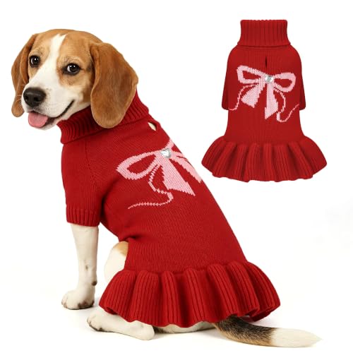 Image of YUDODO Bowknot Dog Sweater Dress for Small Dogs Girl, Stretchy Pet Clothes