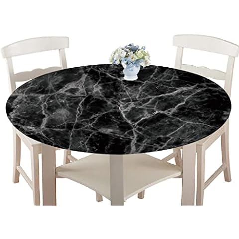 Round Tablecloths Waterproof Dust-Proof Table Cloth,Treer Wipeable Polyester Table Cover with 3D Marbling Print Elastic Edge Table Protector for Kitchen Dining Room Party (Black,120cm) Cover