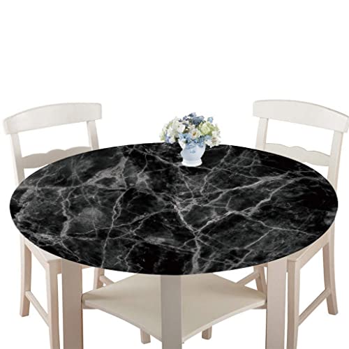 Round Tablecloths Waterproof Dust-Proof Table Cloth,Treer Wipeable Polyester Table Cover with 3D Marbling Print Elastic Edge Table Protector for Kitchen Dining Room Party (Black,120cm)